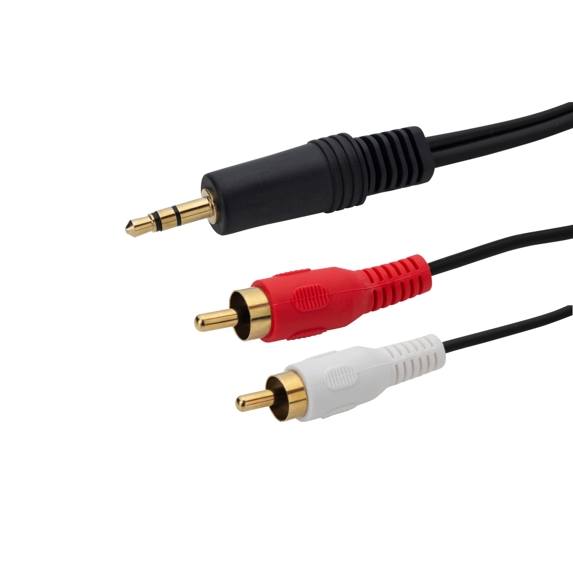 A black cable with one black 3.5mm stereo jack connector to two RCA/phono connectors one connector is red and the other connector is white all of the connectors are male